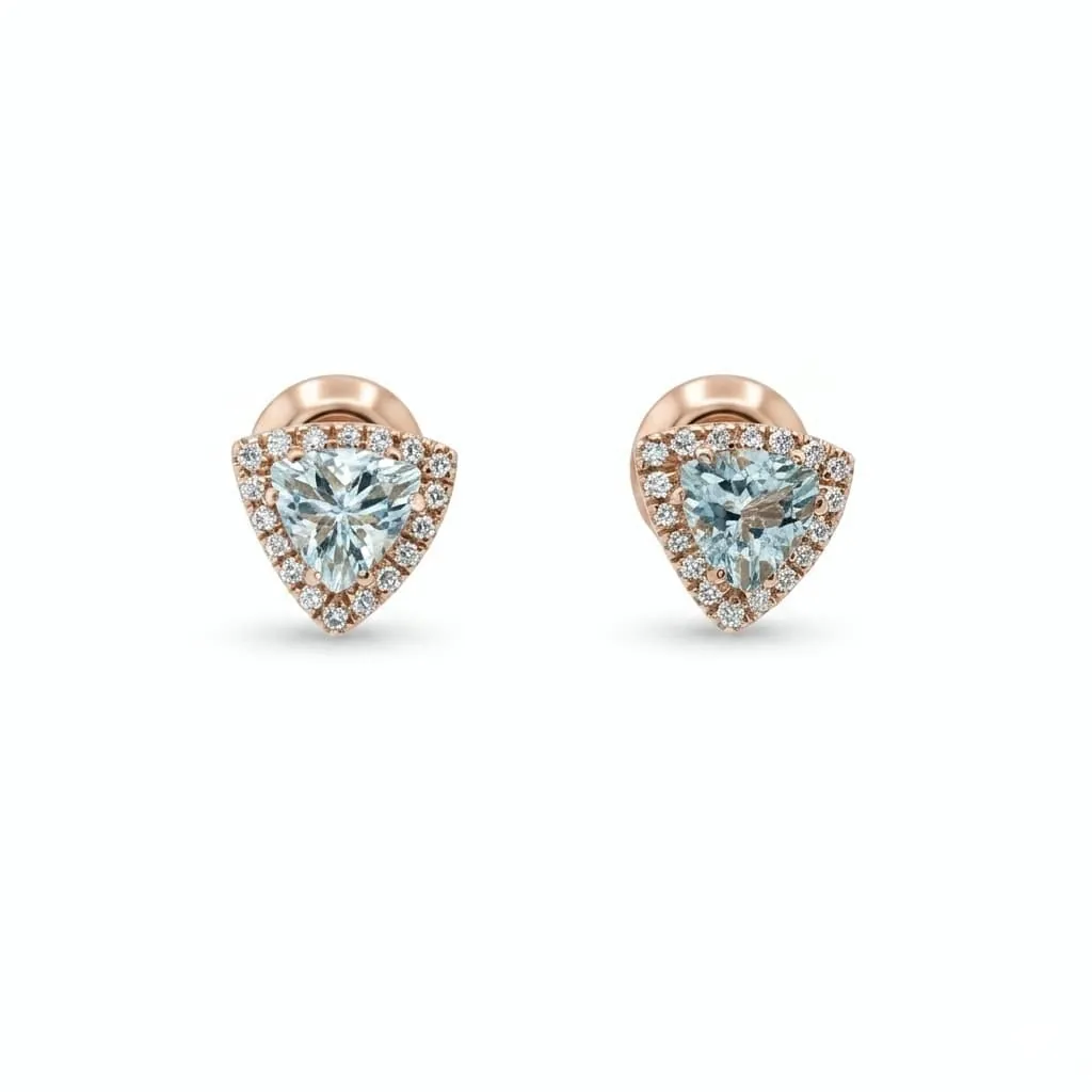 Orecchini a Lobo in Oro Rosa, Acquamarina Trillion 1,31 ct e Halo di Diamanti