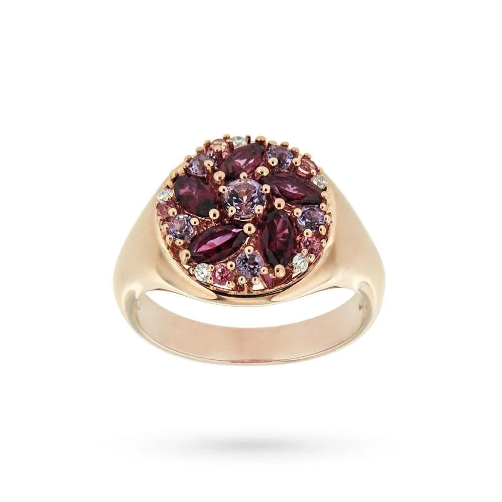 Anello chevalier in oro rosa con fiore di topazi, ametiste e diamanti