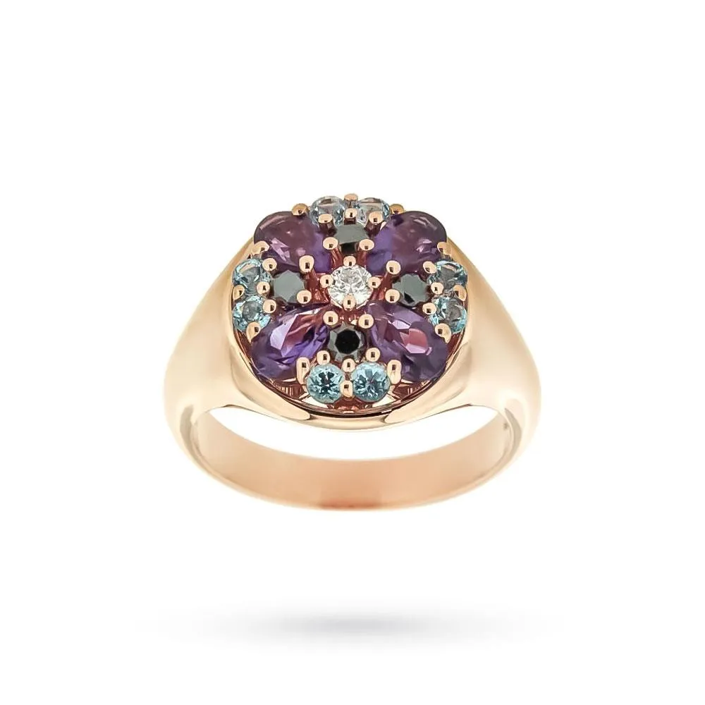 Anello in oro rosa con fiore di ametiste, topazi azzurri e diamanti