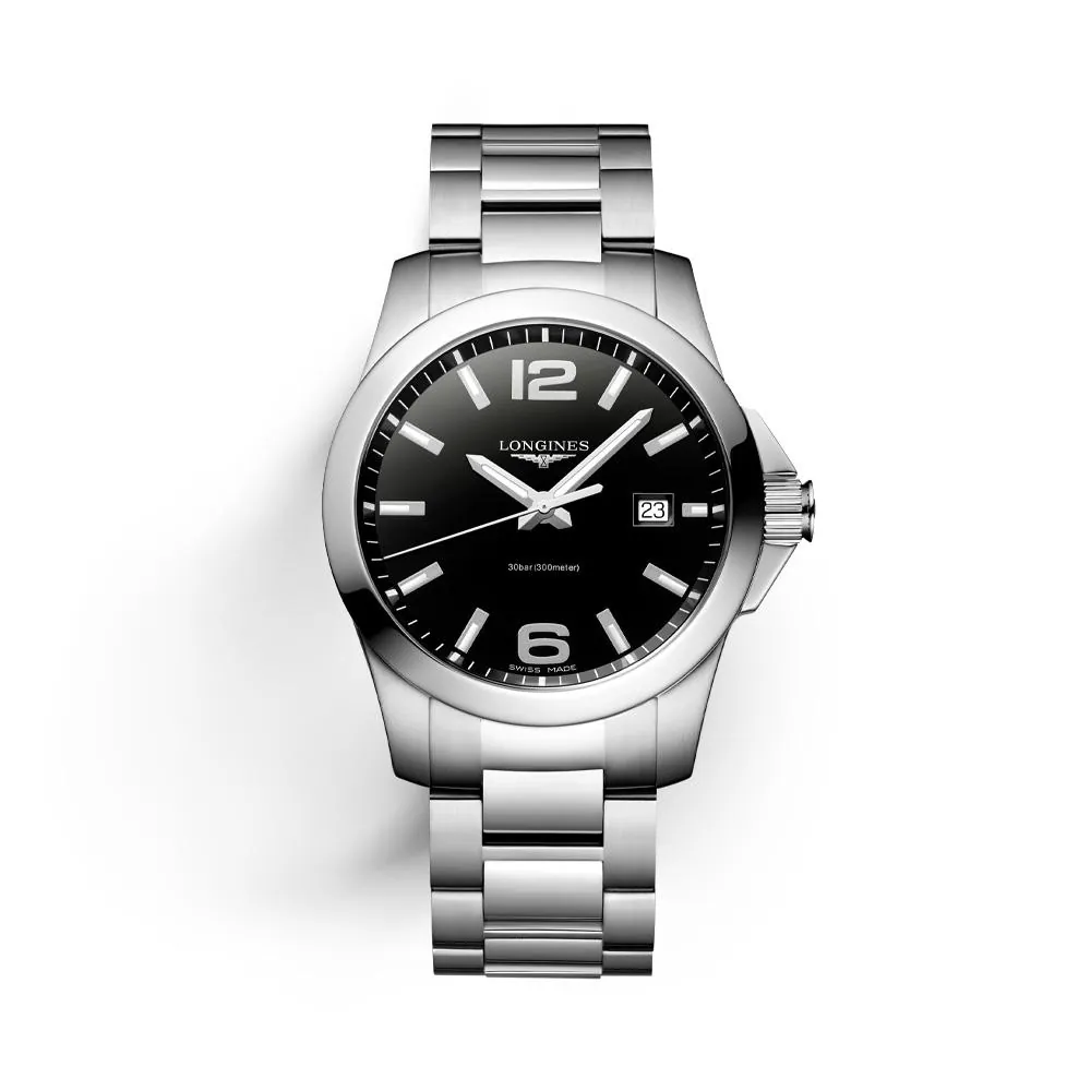 Longines Conquest L3.759.4.58.6 watch, quartz, 41 mm stainless steel case, black dial