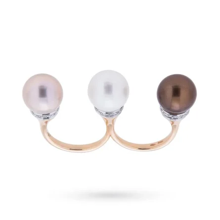 Anello doppio oro rosa con 3 perle naturali e diamanti 2