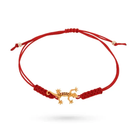 Bracciale con cordino rosso, geco in oro giallo 18kt e rubini