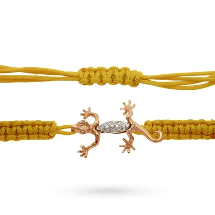 Bracciale con geco in oro rosa e diamanti su cordino giallo regolabile 2