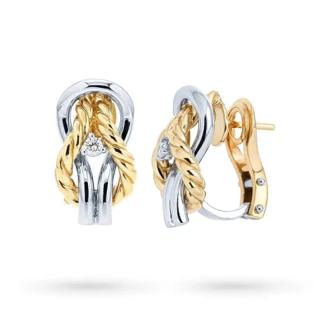 Orecchini oro giallo bianco 18kt nodo piano diamamti 0,11ct 2