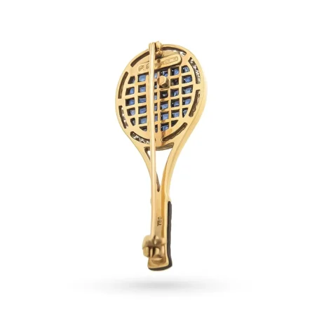 Spilla oro giallo racchetta tennis diamanti 1,16ct zaffiri 2,86ct 2