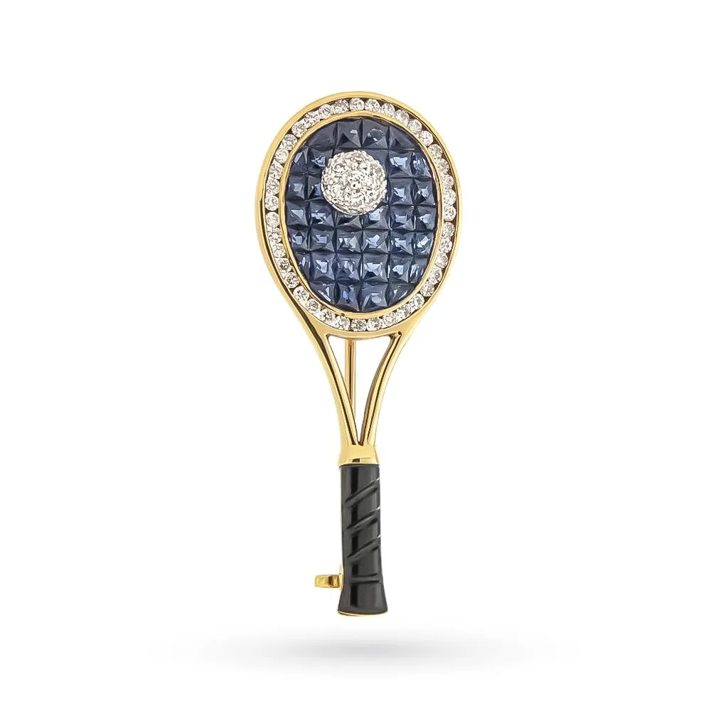 Spilla oro giallo racchetta tennis diamanti 1,16ct zaffiri 2,86ct