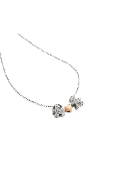leBebé Collar doble silueta niño y niña en oro blanco 18kt con pavé de diamantes 0,14ct y corazones en oro rosa 18kt. LBB132-MF