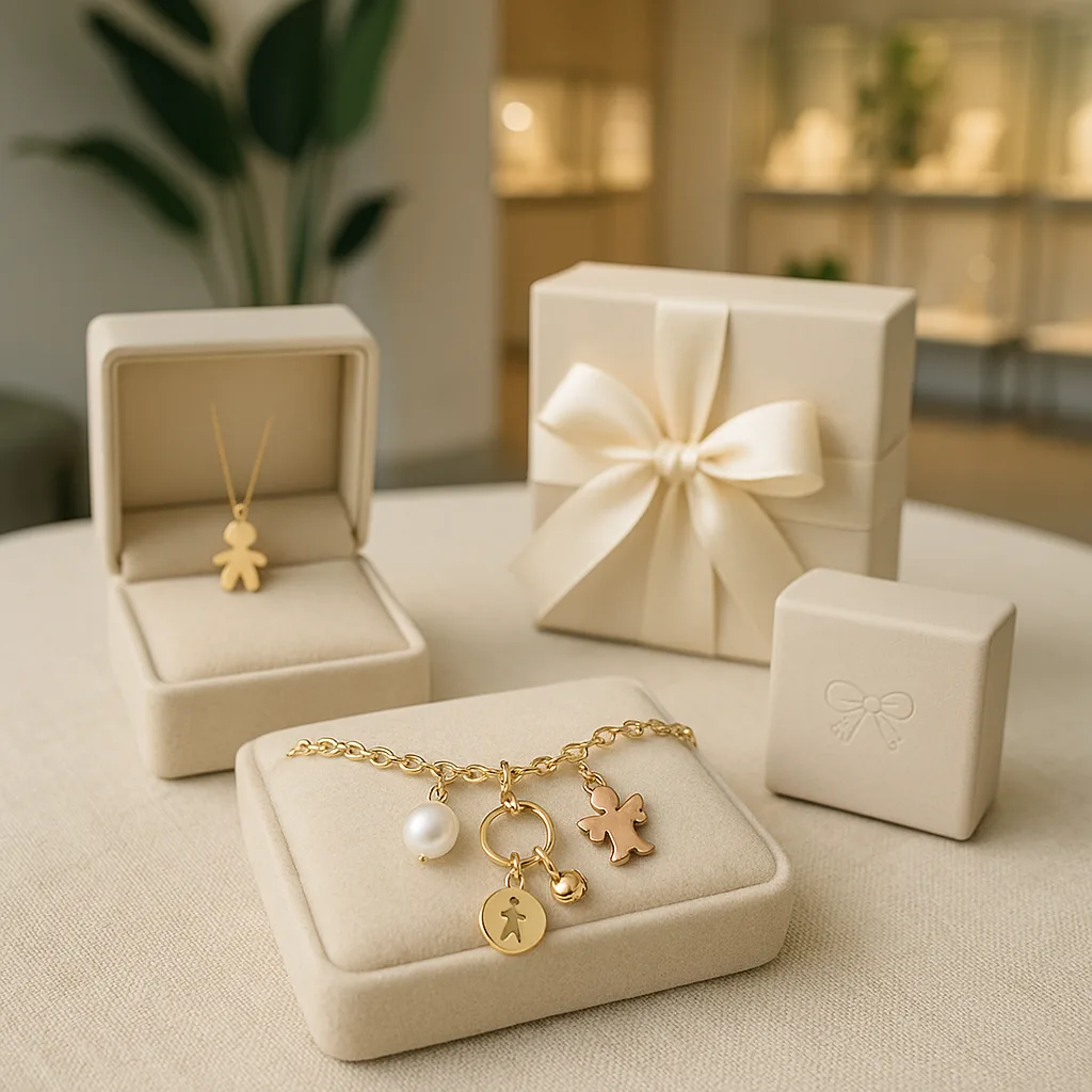 Set regalo battesimo con charm e confezione elegante dei brand leBebé e Maman et Sophie disponibili da Cicala Gioiellerie Genova
