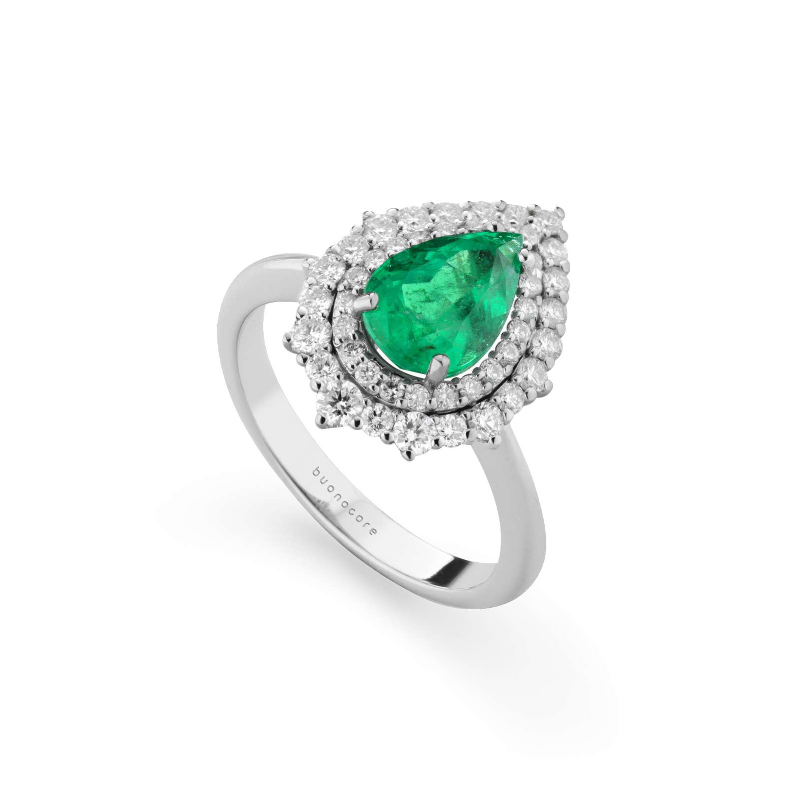 Anello Buonocore Unique oro bianco goccia diamanti bianchi e smeraldi 2,08ct