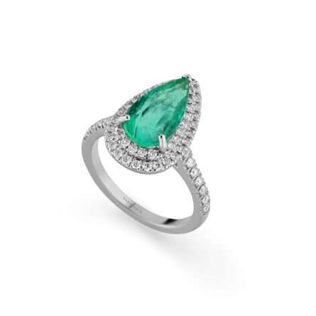 Anello Buonocore Unique oro bianco goccia diamanti bianchi e smeraldi 3,42ct