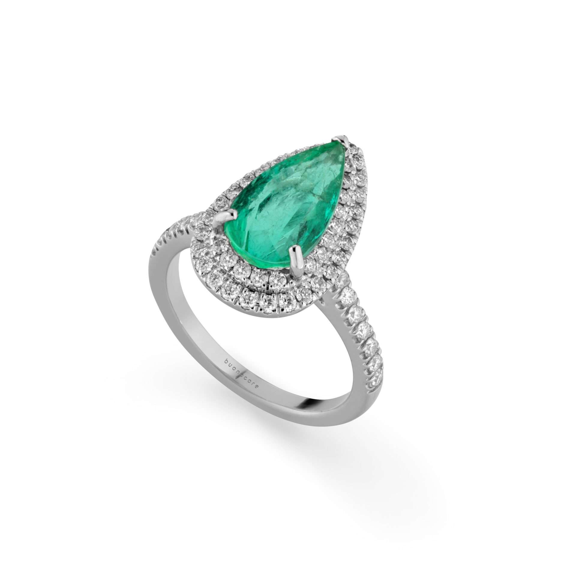 Anello Buonocore Unique oro bianco goccia diamanti bianchi e smeraldi 3,42ct