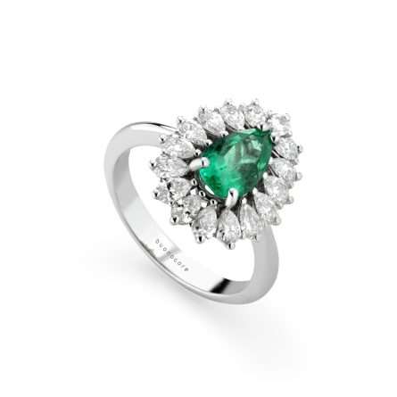 Anello Buonocore Unique oro bianco goccia diamanti bianchi e smeraldi 2,29ct