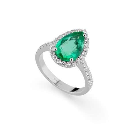 Anello Buonocore Unique oro bianco goccia diamanti bianchi e smeraldi 3,23ct