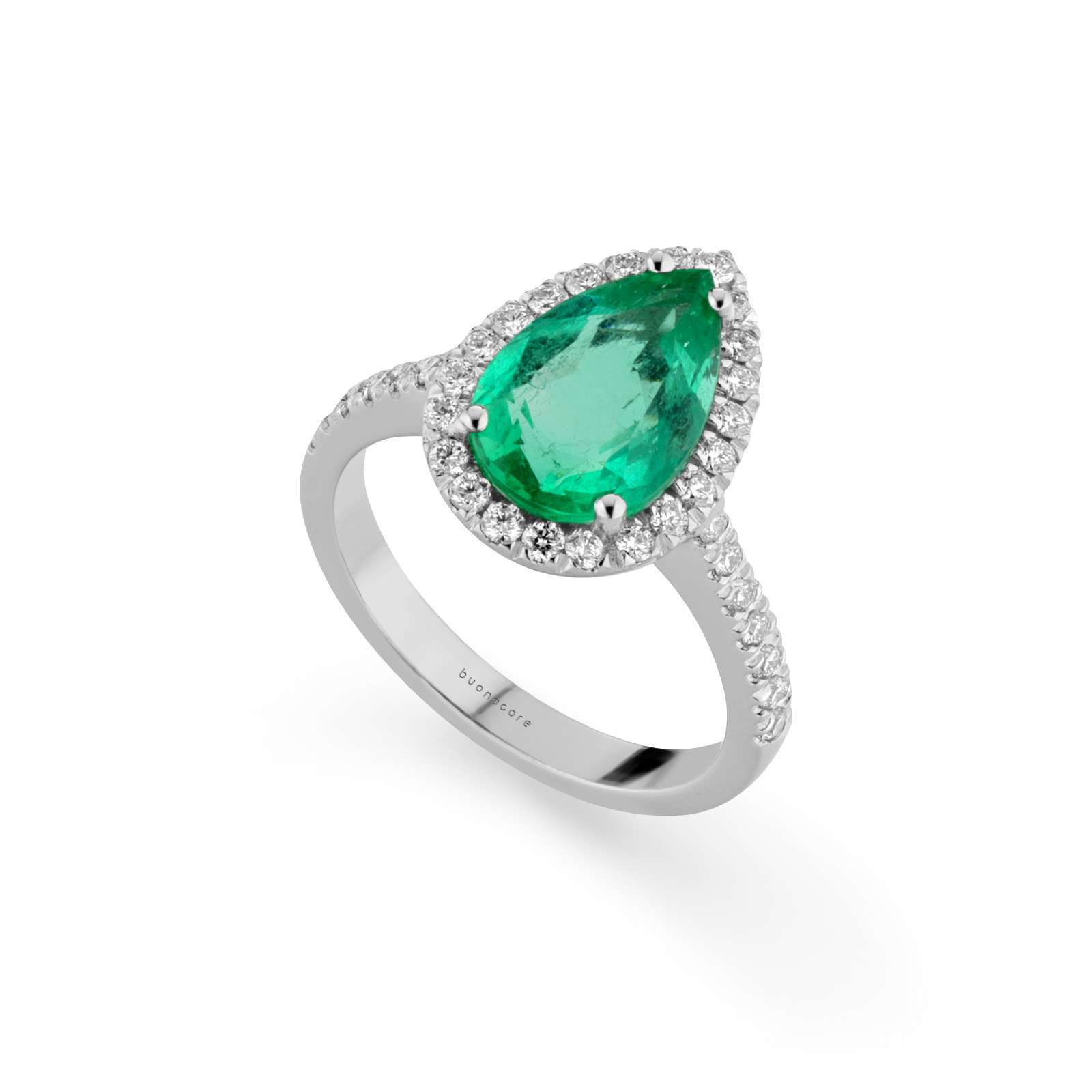 Anello Buonocore Unique oro bianco goccia diamanti bianchi e smeraldi 3,23ct