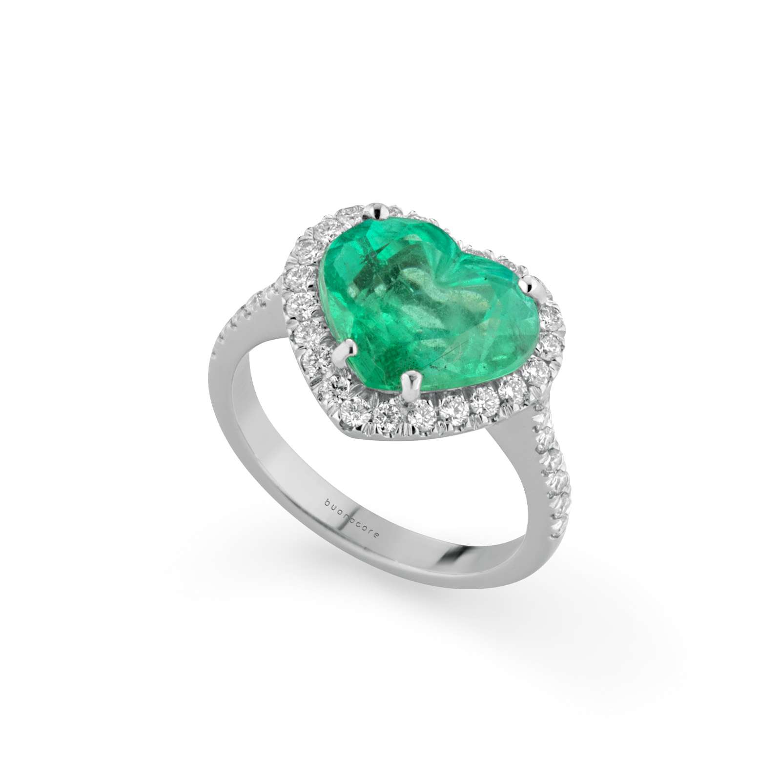 Anello Buonocore Unique oro bianco cuore diamanti bianchi e smeraldi 5,04ct