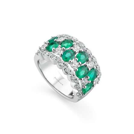 Anillo Buonocore Wave en oro blanco con diamantes blancos y esmeraldas 3,52ct