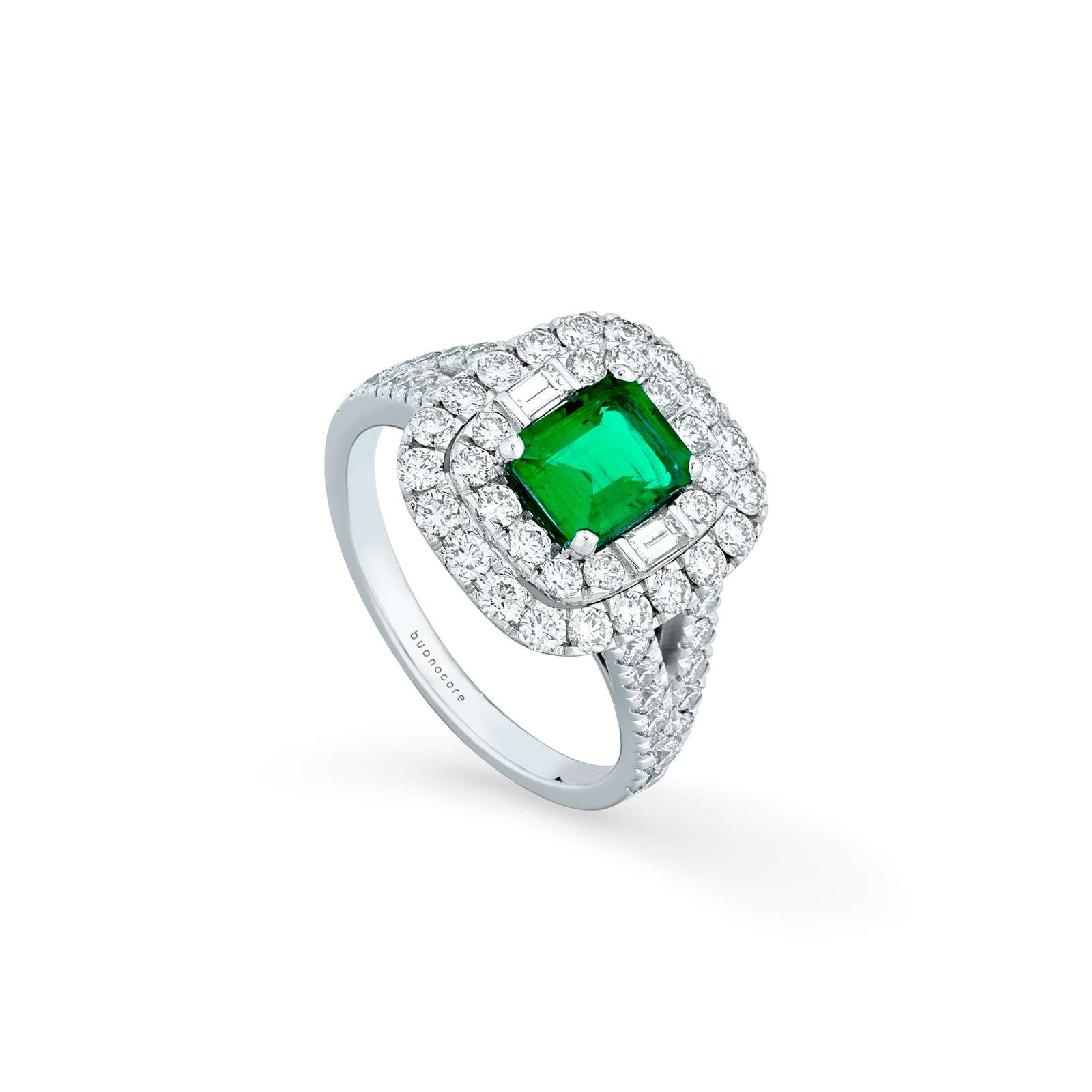 Anello Buonocore Unique oro bianco diamanti bianchi e smeraldi 2,50ct