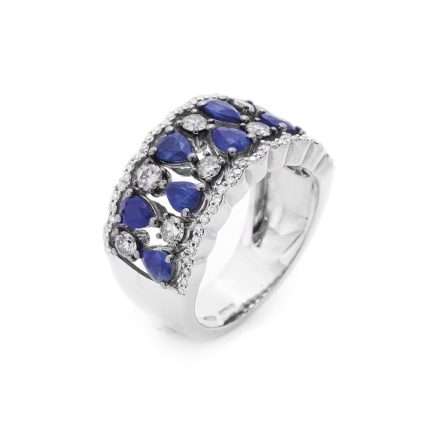 Anillo Buonocore Wave banda en oro blanco con diamantes blancos y zafiros 2,54ct