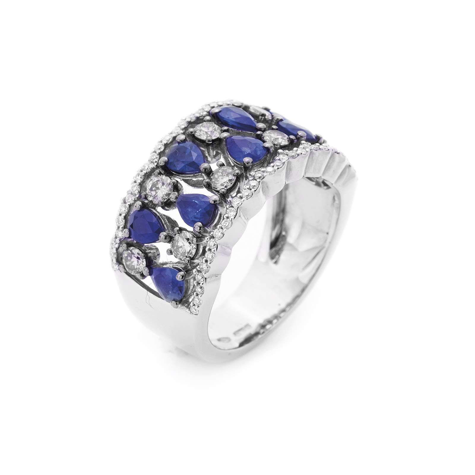 Anello Buonocore Wave oro bianco fascia diamanti bianchi e zaffiri 2,54ct