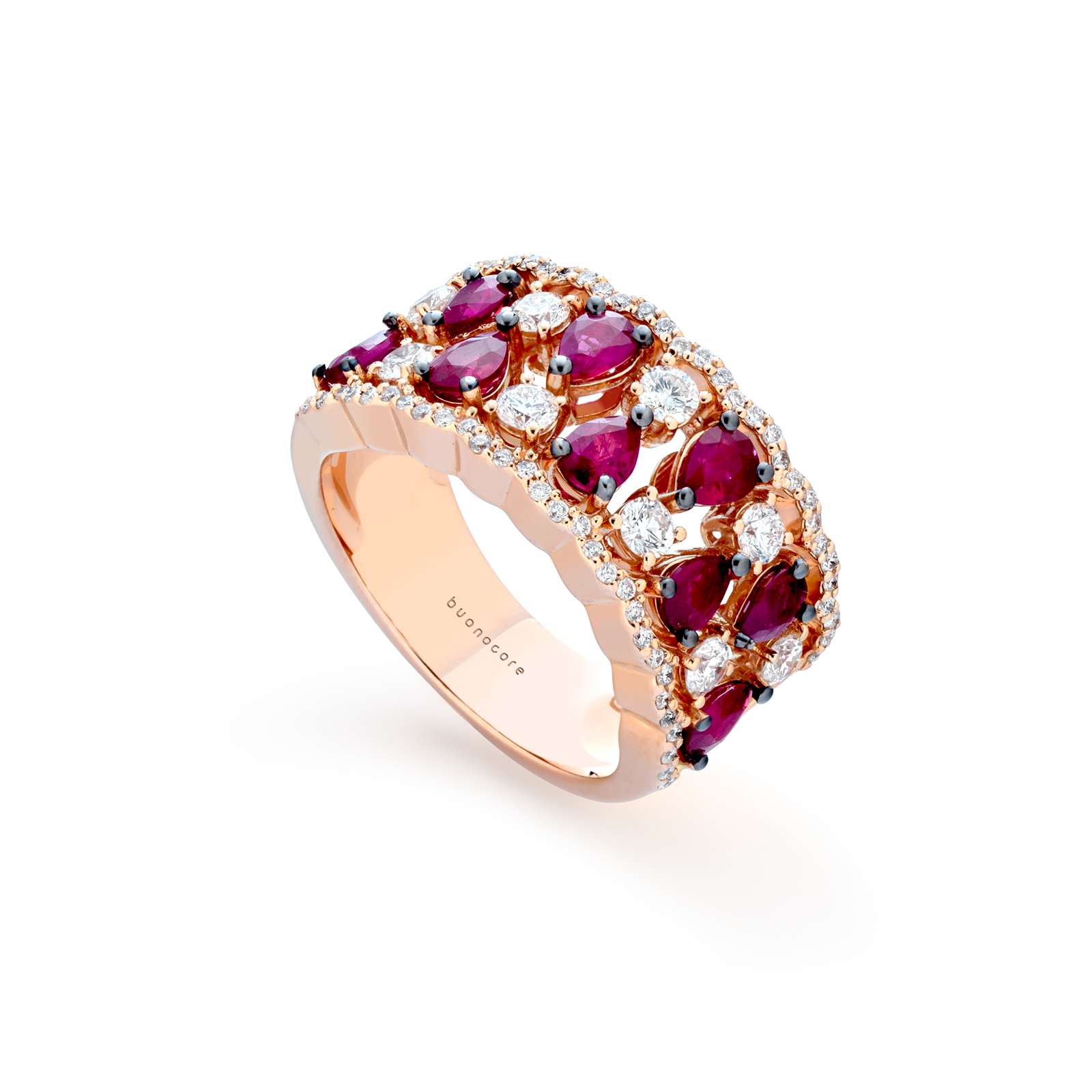 Anello Buonocore Wave oro rosa fascia diamanti bianchi e rubini 2,42ct