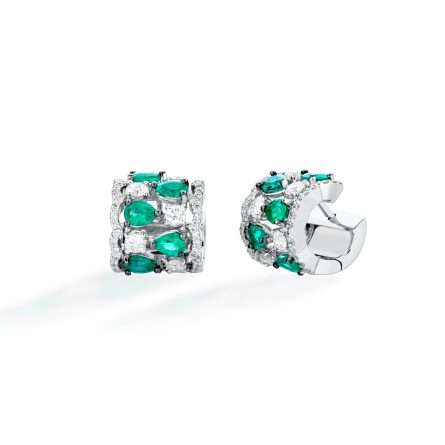 Buonocore Wave 18kt white gold earrings hoop white diamonds and emeralds 3.17ct