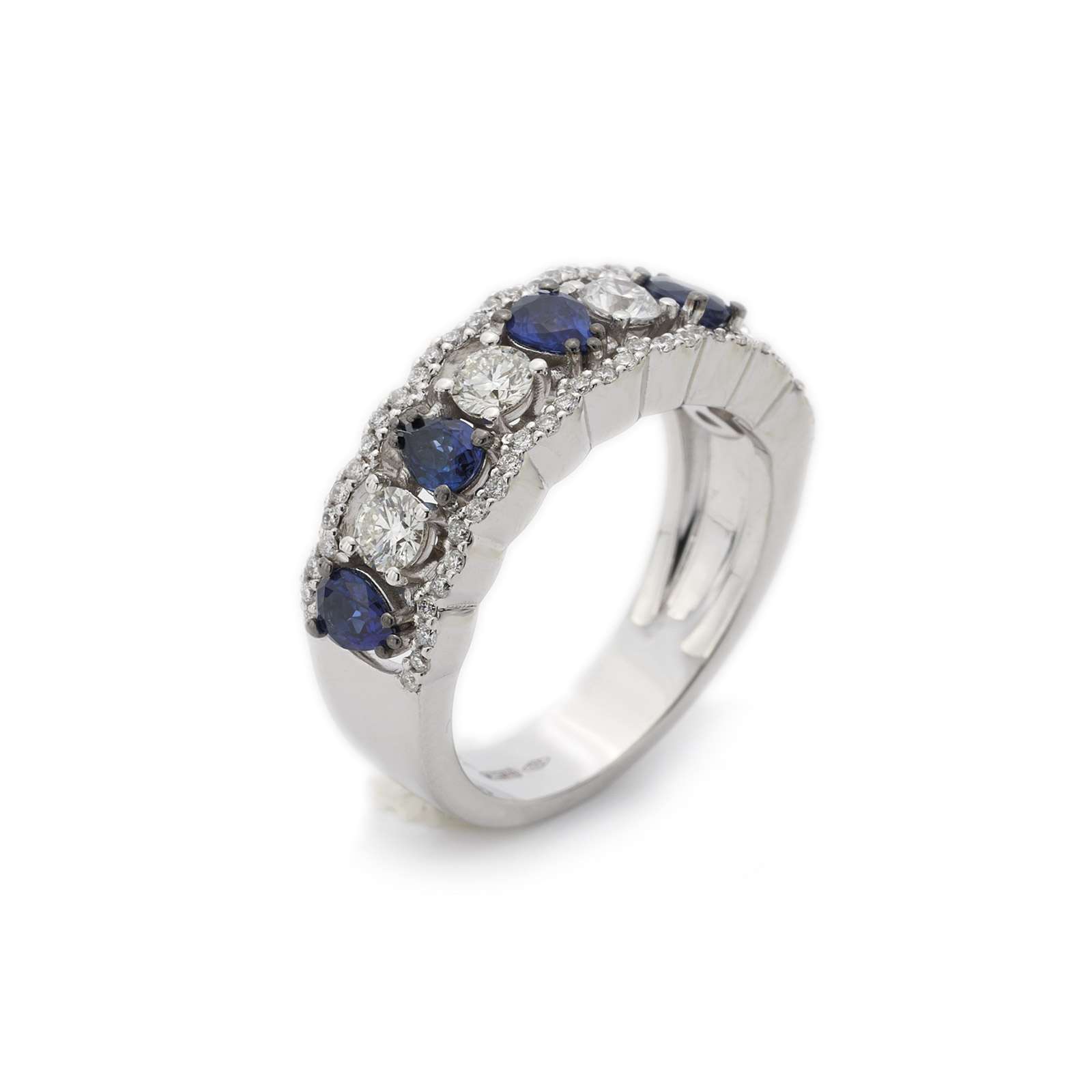 Anello Buonocore Wave oro bianco fascia diamanti bianchi e zaffiri 1,65ct