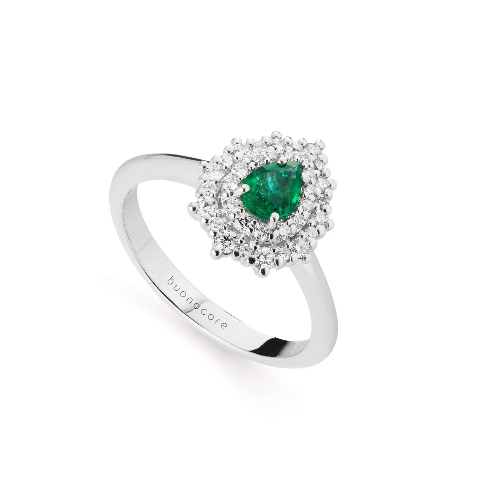Anello Buonocore Wave oro bianco goccia diamanti bianchi e smeraldi 0,58ct