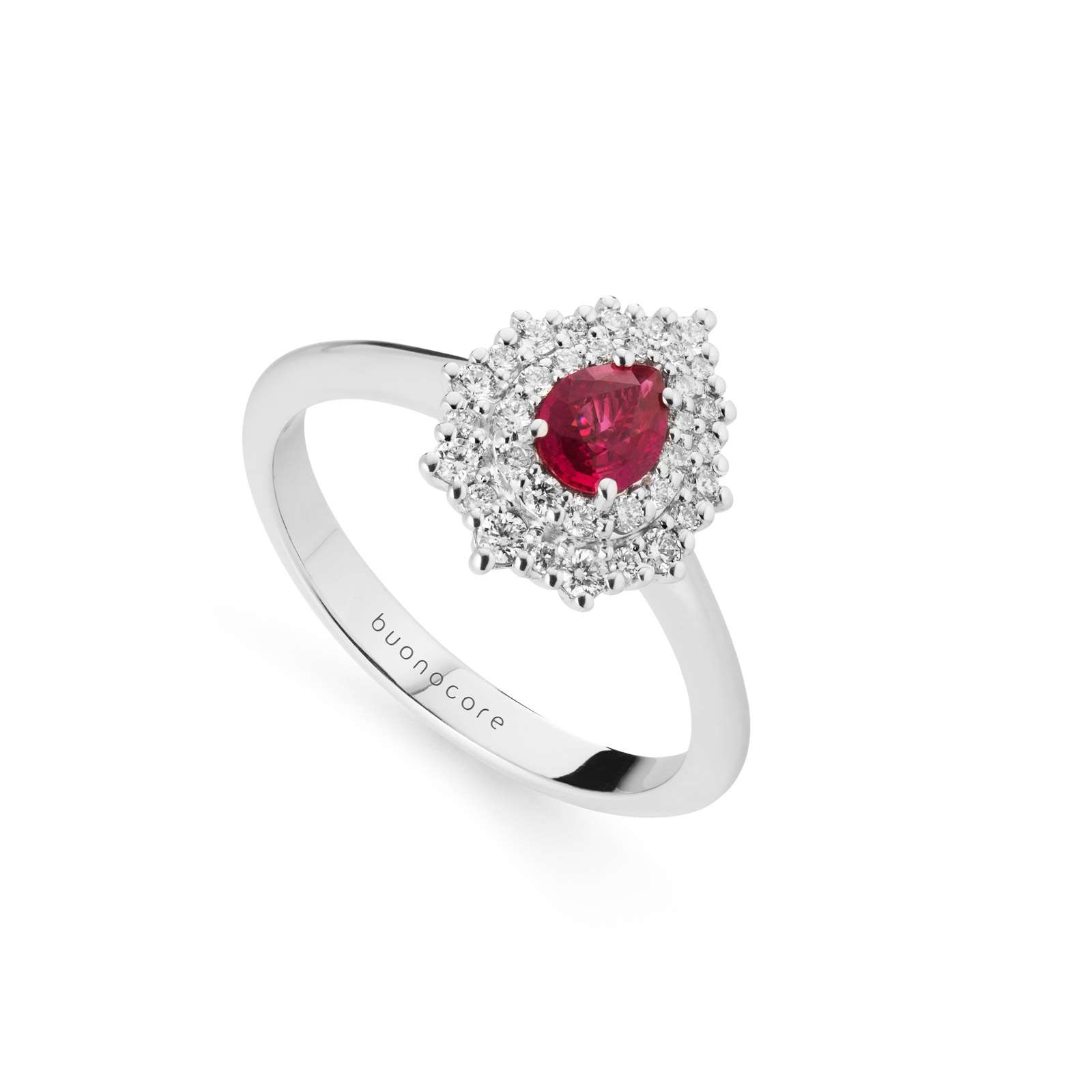 Anello Buonocore Wave oro bianco goccia diamanti bianchi e rubini 0,61ct