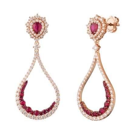 Buonocore Wave 18kt rose gold earrings drop white diamonds and rubies 3.20ct