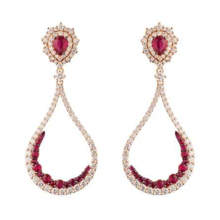 Orecchini Buonocore Wave oro rosa pendenti diamanti bianchi e rubini 3,20ct