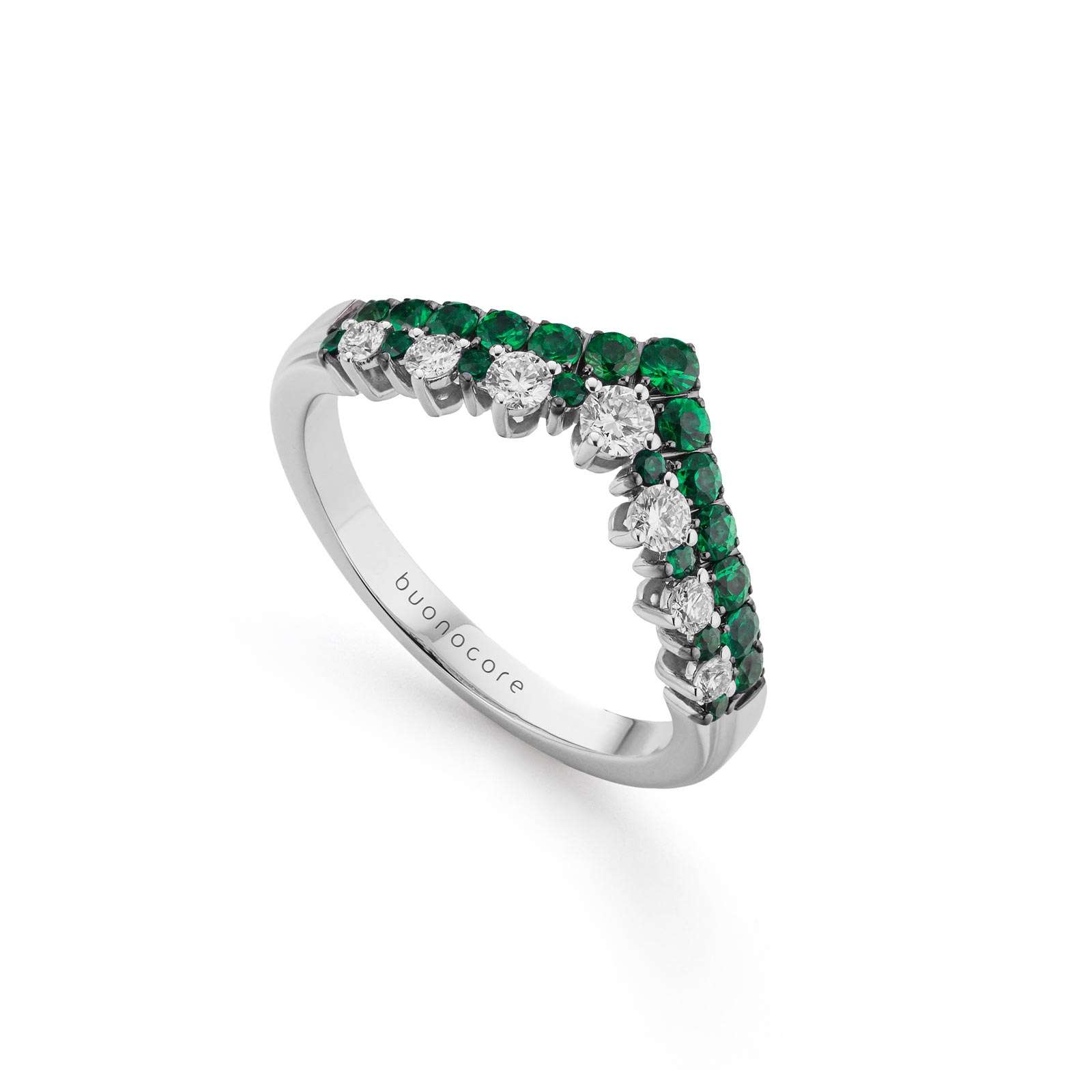 Anello Buonocore Wave oro bianco diamanti bianchi e smeraldi 0,62ct