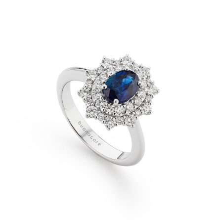 Anillo Buonocore Wave liso en oro blanco con diamantes blancos y zafiros 1,86ct