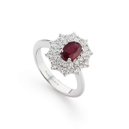 Anillo Buonocore Wave liso en oro blanco con diamantes blancos y rubíes 1,83ct