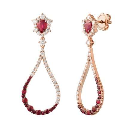 Buonocore Wave 18kt rose gold earrings large drop white diamonds and rubies 2.38ct