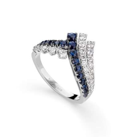Anillo Buonocore Wave en oro blanco con diamantes blancos y zafiros 1,01ct