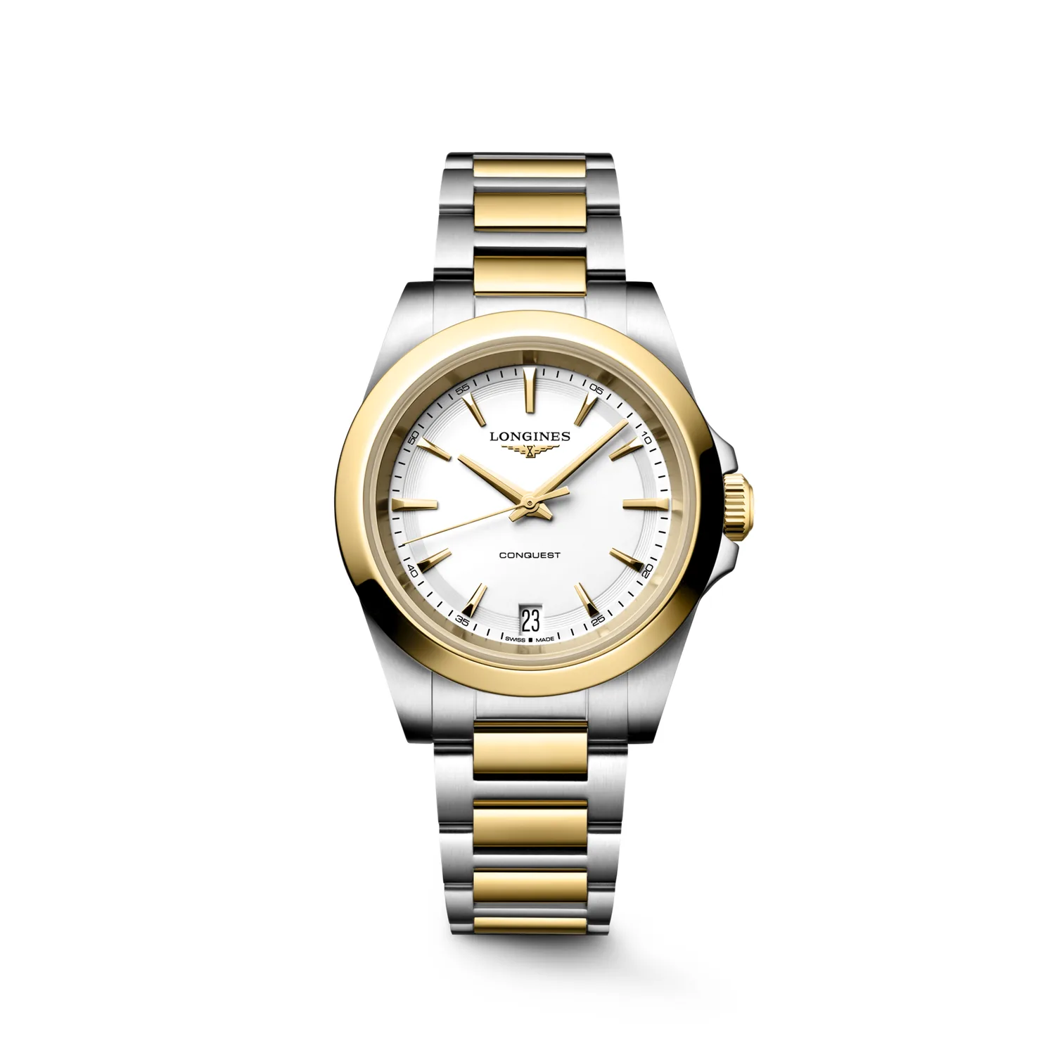 Longines Conquest L3.460.3.12.7 al quarzo 34 mm in acciaio inossidabile con finitura bicolore oro giallo, quadrante bianco sabbiato e bracciale bicolore