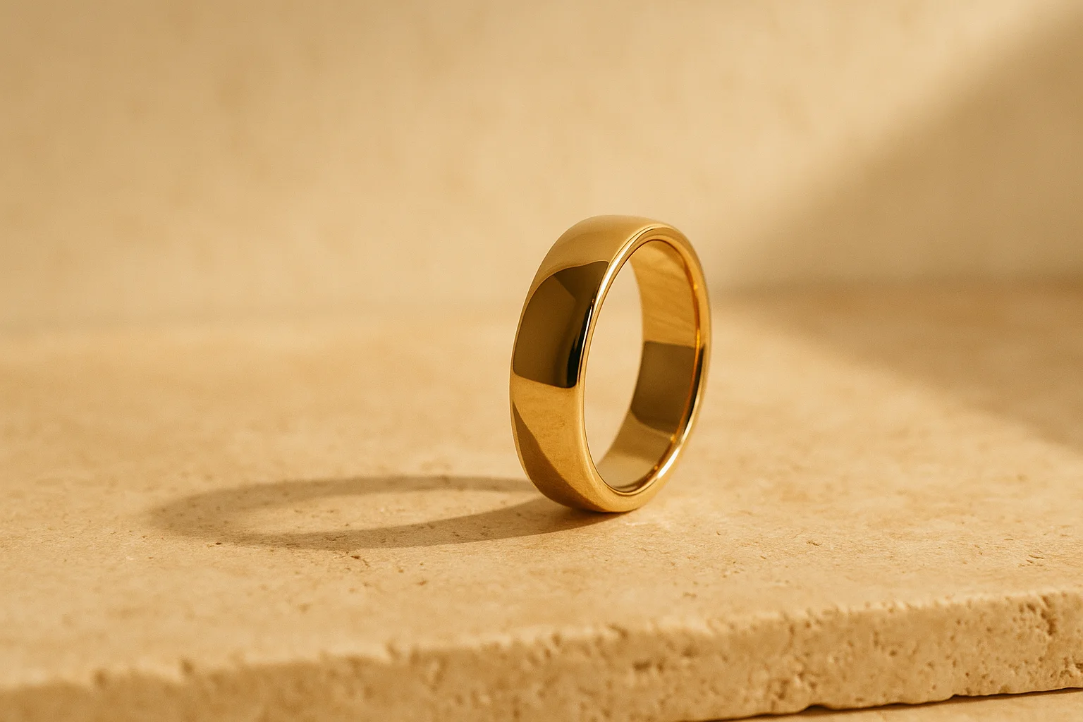 Due fedi nuziali in oro giallo appoggiate su rose color crema