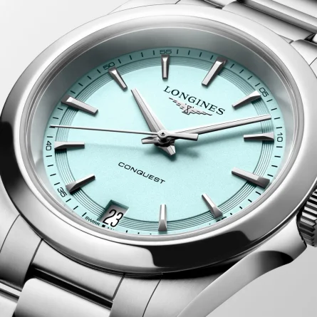 Orologio Longines Conquest L3.460.4.92.6 34 mm quadrante blu menta sabbiato — dettaglio del quadrante