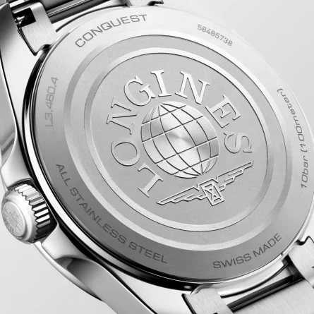 Orologio Longines Conquest L3.460.4.92.6 34 mm quadrante blu menta sabbiato — fondello e cassa