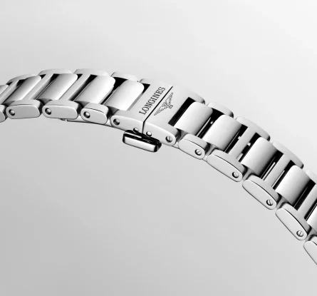Orologio Longines Conquest L3.460.4.92.6 34 mm quadrante blu menta sabbiato — dettaglio del bracciale in acciaio