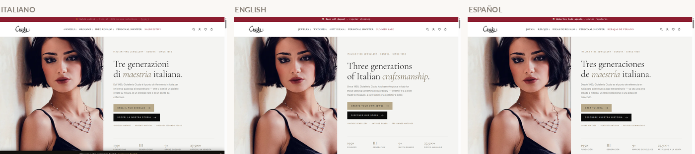La home di cicala.it in italiano, inglese e spagnolo