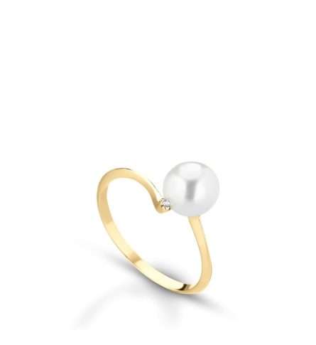 Anello con perla coltivata in oro 18kt con diamanti 0,01ct Ø 7,5-8 mm — LeLune
