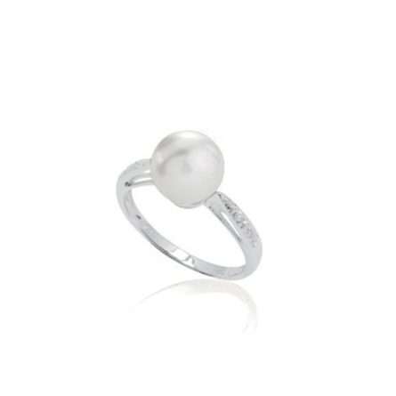 Anillo con perla cultivada en oro blanco de 18K con diamantes 0,01ct Ø 8,5-9 mm
