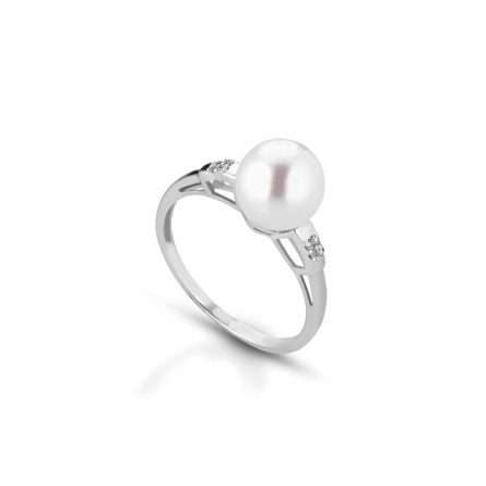 Anello con perla coltivata in oro bianco 18kt con diamanti 0,04ct Ø 8-8,5 mm