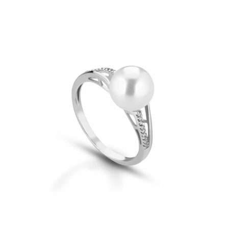 Anello con perla coltivata in oro bianco 18kt con diamanti 0,05ct Ø 8-8,5 mm