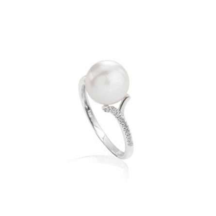 Anello con perla coltivata in oro bianco 18kt con diamanti 0,07ct Ø 8-8,5 mm