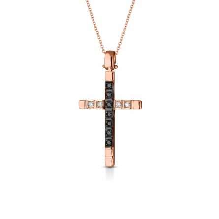 Collana con croce in oro 18kt con diamanti bianchi e neri 0,04ct — LeLune