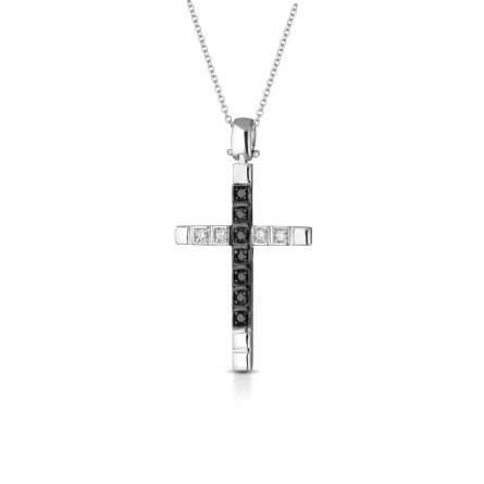 Collana con croce in oro 18kt con diamanti bianchi e neri 0,04ct