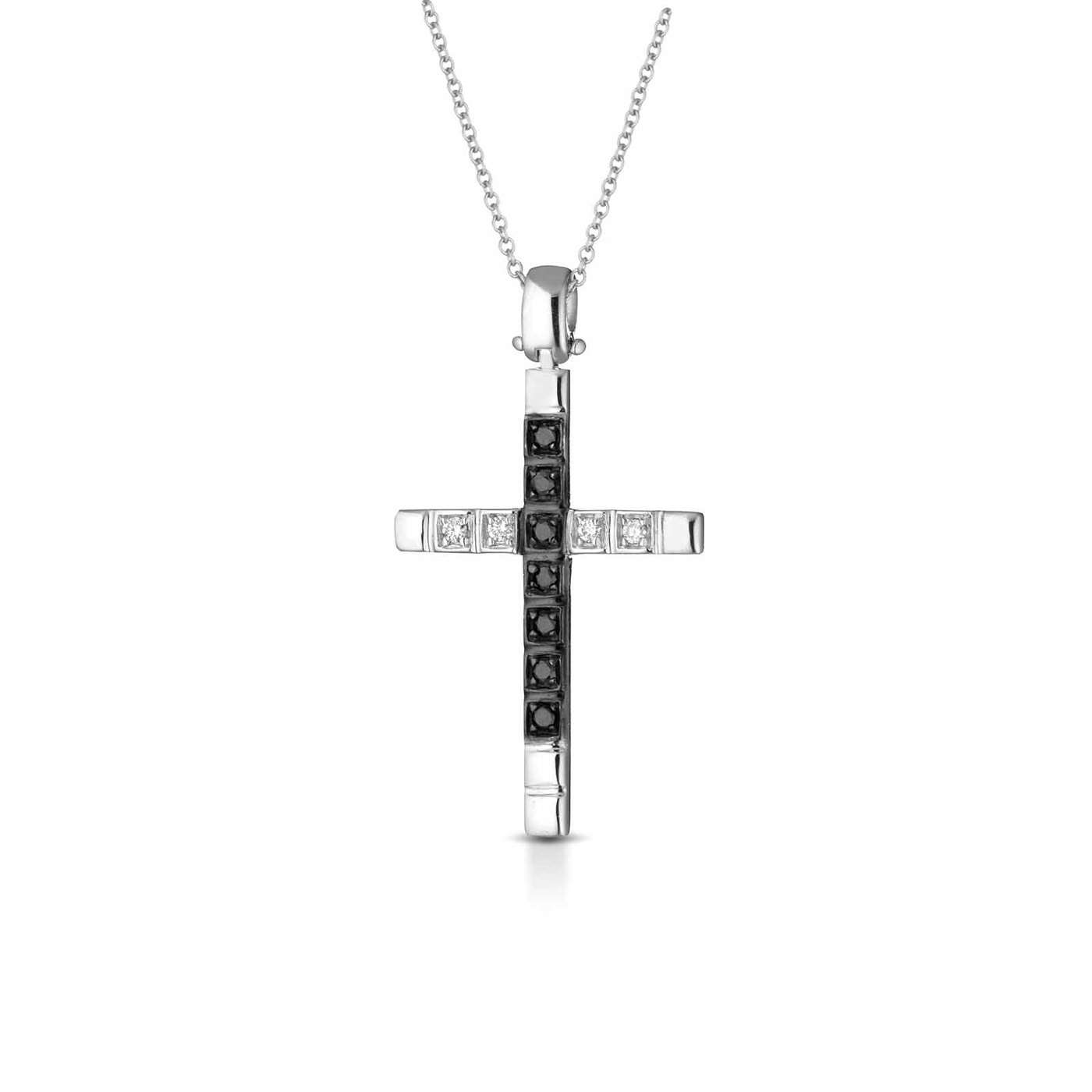 Collana con croce in oro 18kt con diamanti bianchi e neri 0,04ct — LeLune