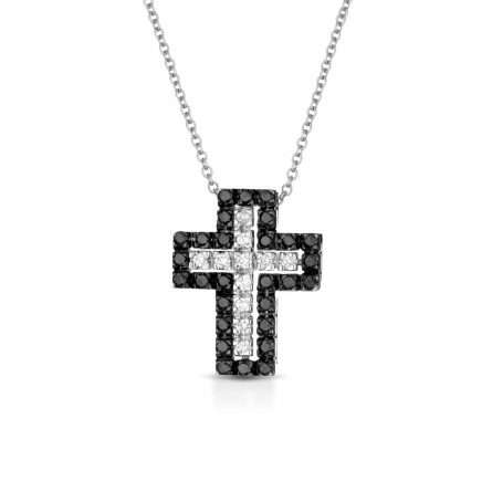 Collana con croce in oro bianco 18kt con diamanti bianchi e neri 0,11ct